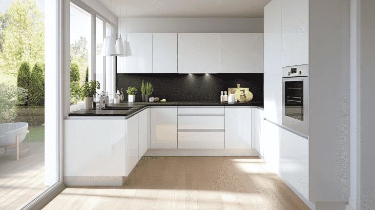 What Color Cabinets With Black Granite Countertops? 1 Modern kitchen with white cabinets and black granite countertops, featuring a clean, bright design with plenty of natural light.