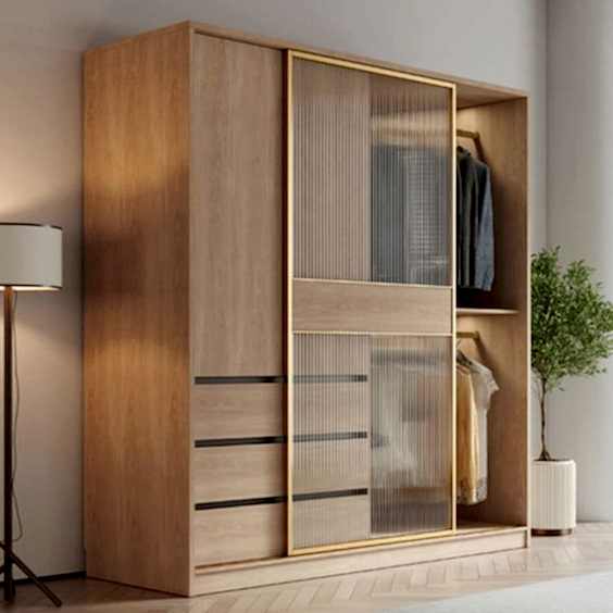 Sliding Wardrobe 16 Glass Sliding Doors Wardrobe Natural Wood Wardrobe with Drawers