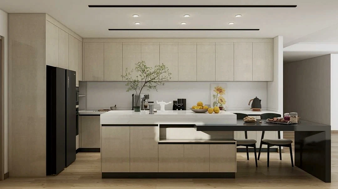UAE Market 18 sleek kitchen remodel featuring light wood cabinetry, white island, black seating area, and recessed LED lighting