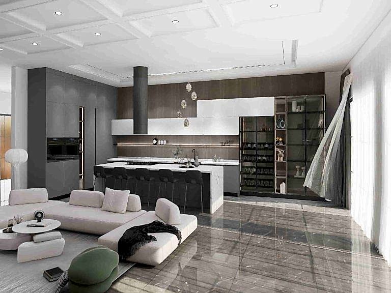 Modern Two tone Kitchen With Marble Island