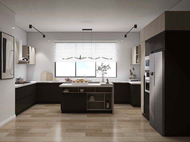 Black and Wood U-Shaped Two Tone Cabinets