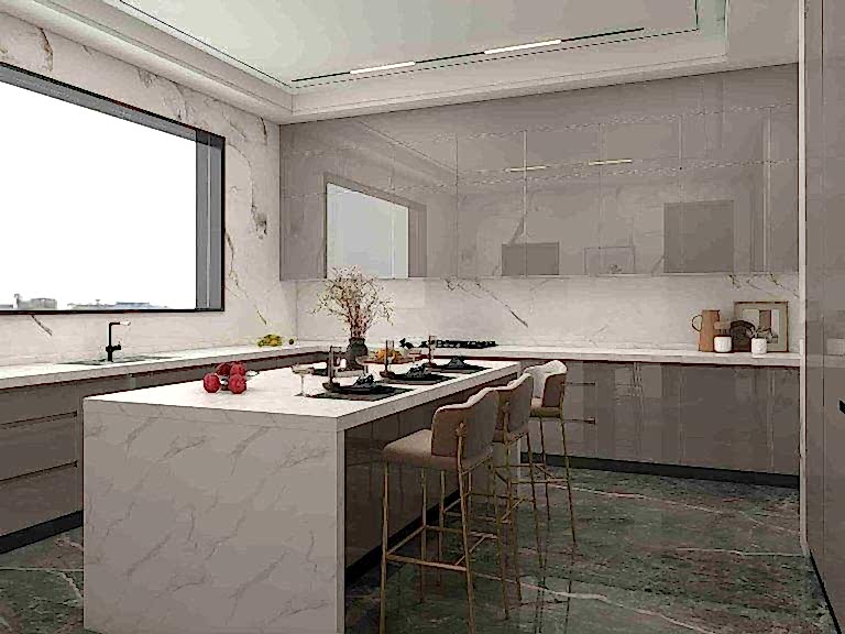 Lacquer Modern Light Gray Kitchen Cabinets With Island