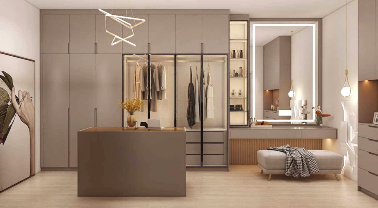 Home 11 Elegant Golden U-Shaped Walk In Closet with Glass Doors