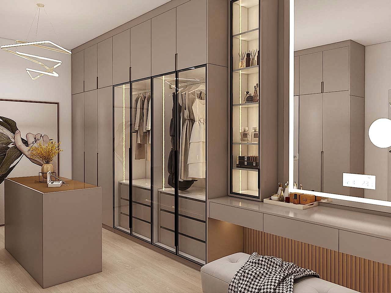 Walk In Closet 2 Elegant Golden U-Shaped Walk In Closet with Glass Doors
