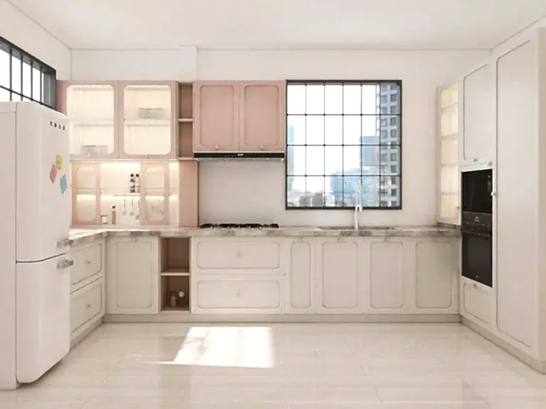 Elegant White Shaker Kitchen Cabinets with Soft Pink Accents