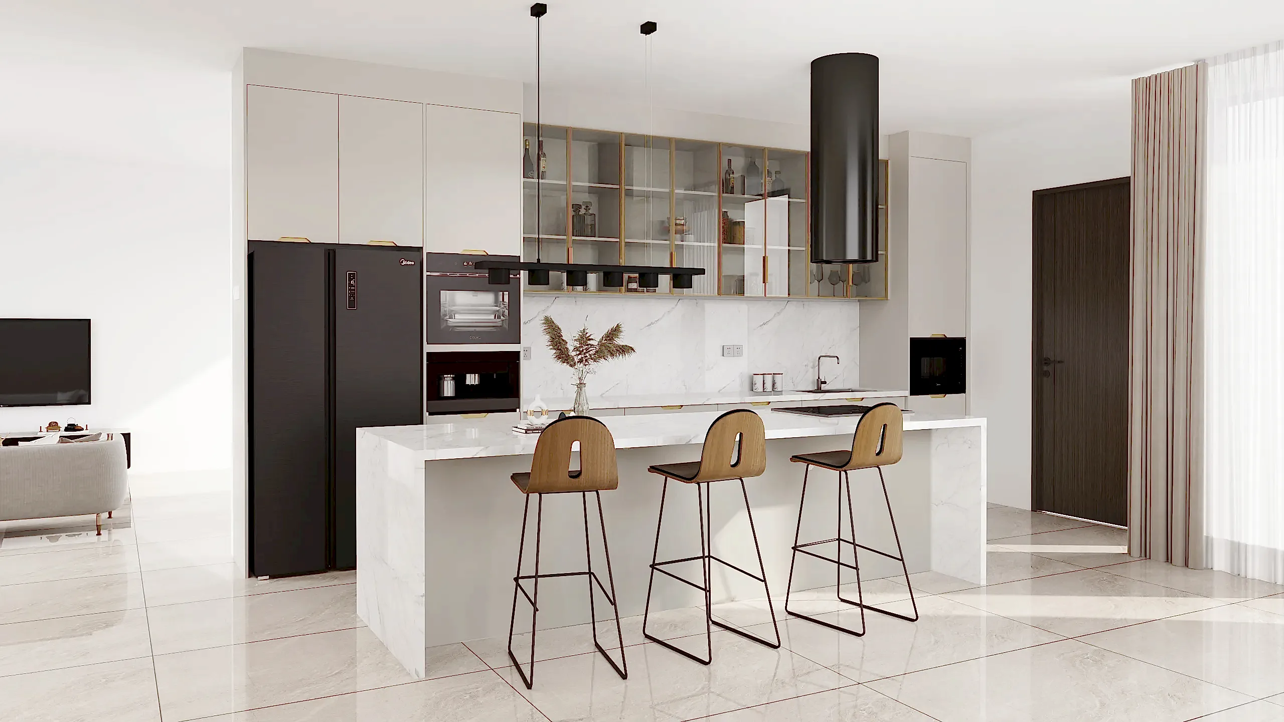 MDF Kitchen Cabinets 9 A sophisticated modern kitchen with glass front cabinets, combining lacquered MDF and PET finishes. The minimalist island and sleek integrated appliances bring elegance and functionality to the design.