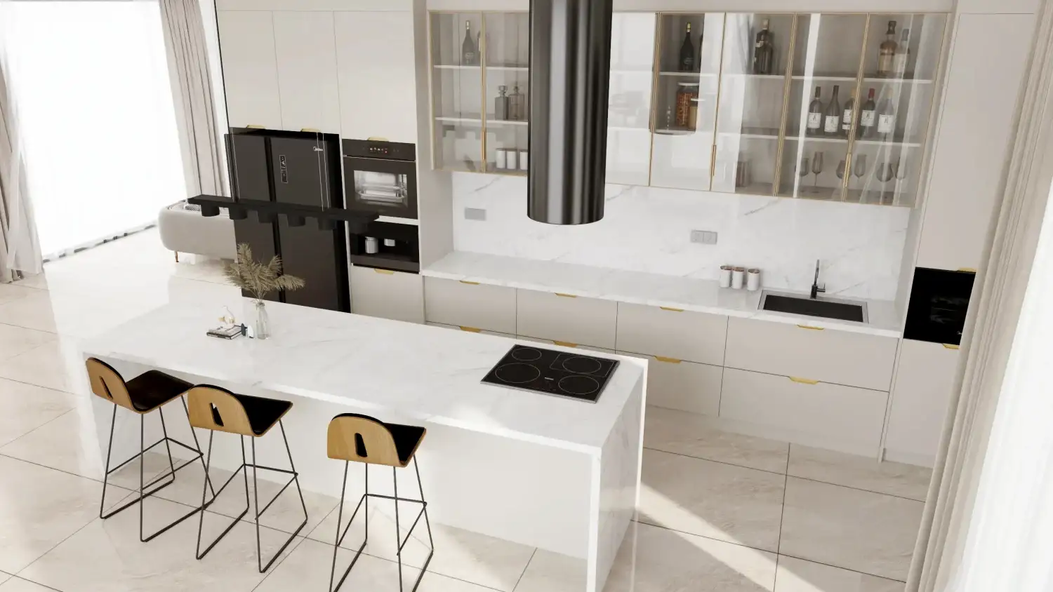 Modern Glass Front Cabinets with Sleek Design 3 A sophisticated modern kitchen with glass front cabinets, combining lacquered MDF and PET finishes. The minimalist island and sleek integrated appliances bring elegance and functionality to the design.