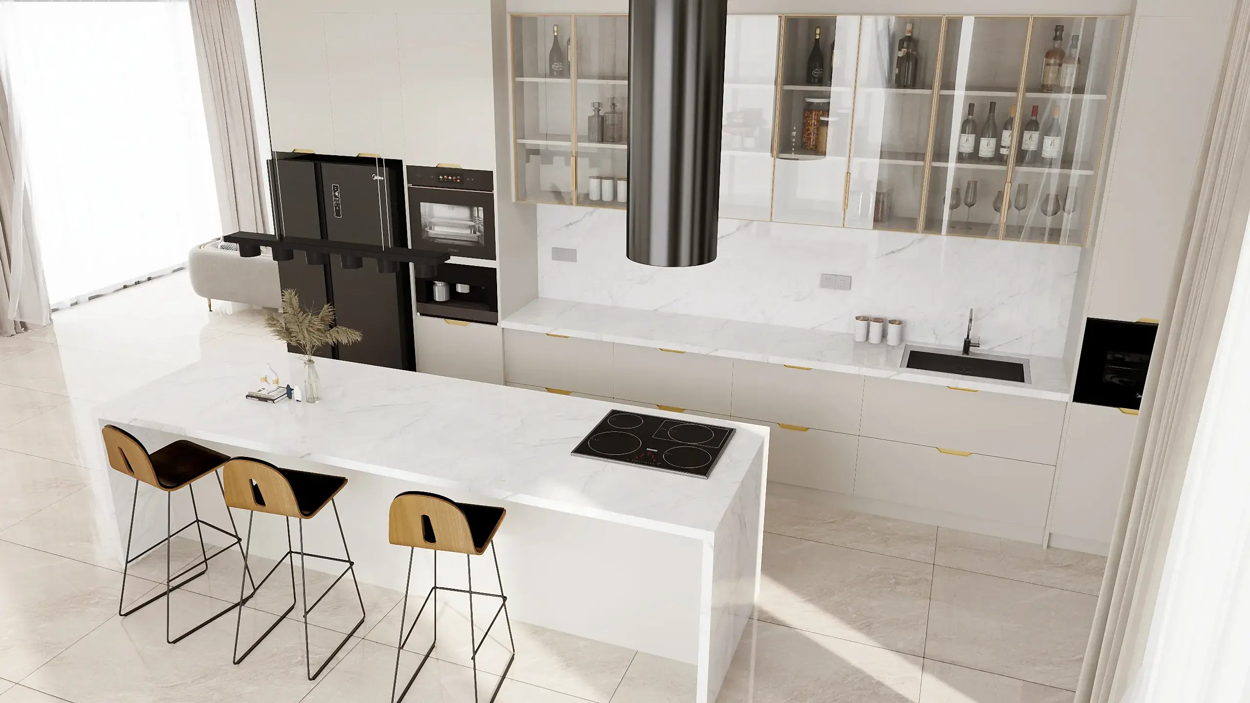 MDF Kitchen Cabinets 13 A sophisticated modern kitchen with glass front cabinets, combining lacquered MDF and PET finishes. The minimalist island and sleek integrated appliances bring elegance and functionality to the design.