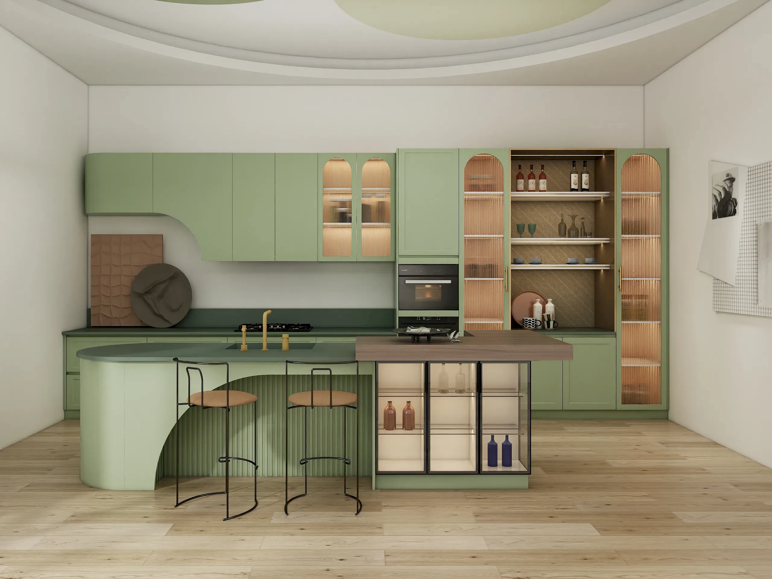 MDF Kitchen Cabinets 12 A stunning kitchen featuring sage green kitchen cabinets, crafted from lacquered MDF and melamine woodgrain finishes. The curved island and open shelving add functionality and timeless elegance.