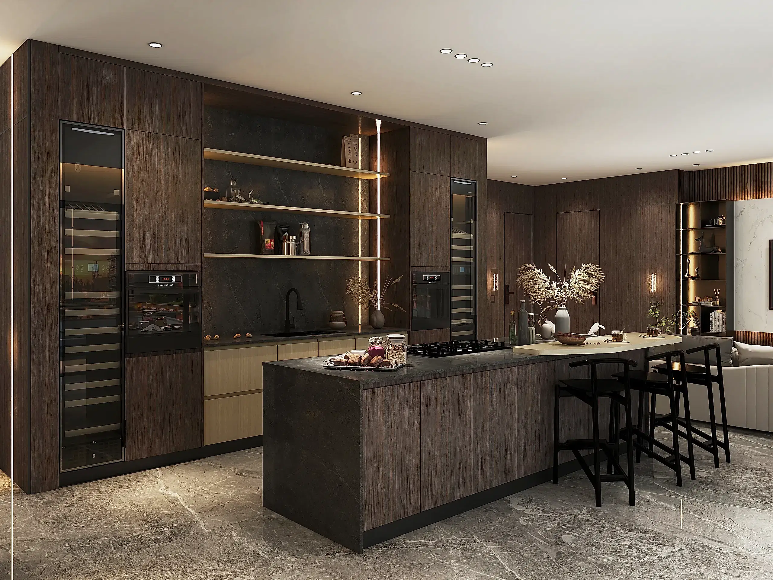 Laminate Kitchen Cabinets 17 A luxurious kitchen with dark wood kitchen cabinets, featuring melamine finishes and sleek, integrated appliances. The spacious island and open shelving add sophistication and practicality.