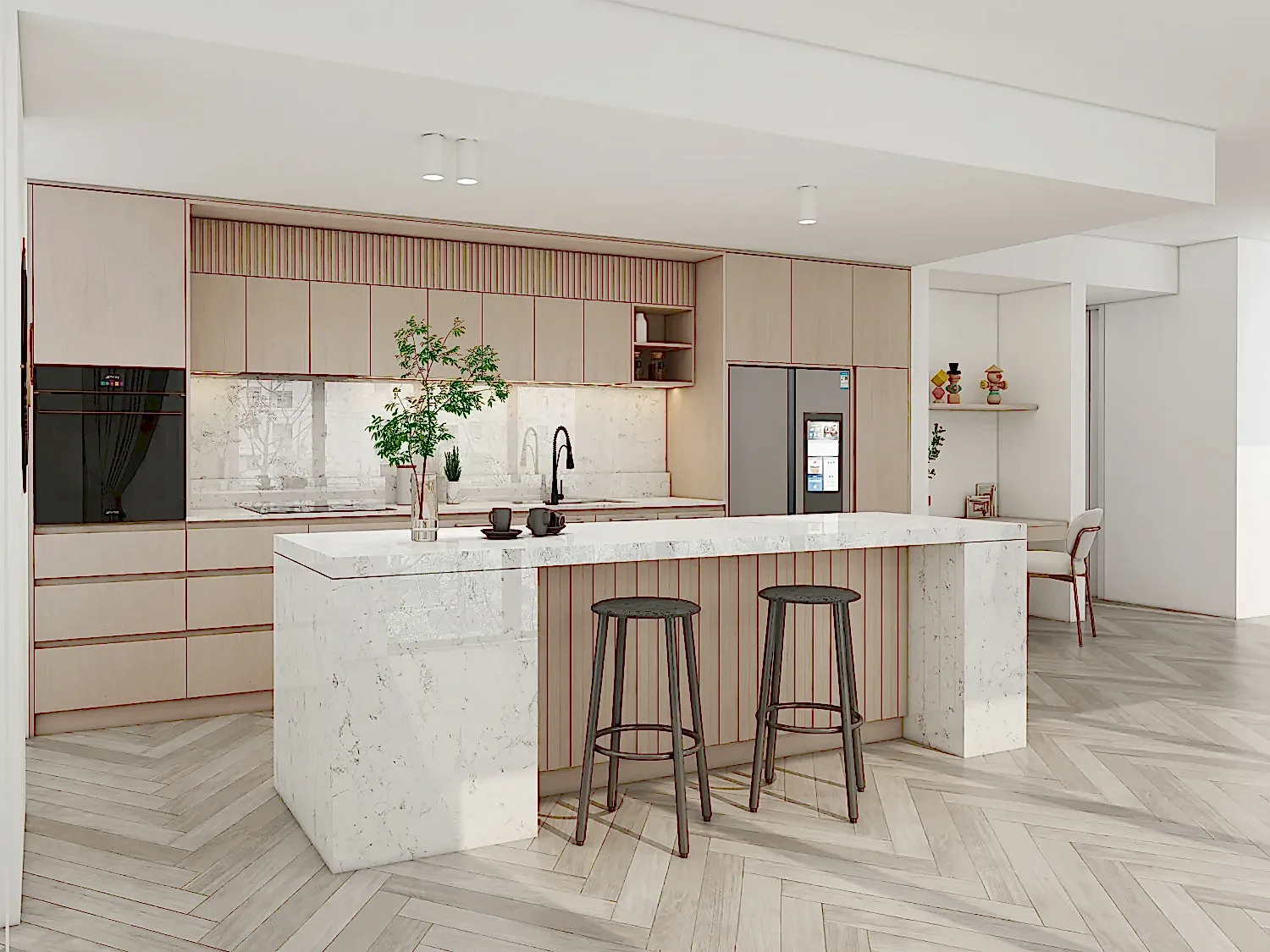 Wood Grain Kitchen Cabinets with Marble Island 3 A modern kitchen featuring wood grain kitchen cabinets, crafted from particle board with a melamine finish. The marble island complements the warm wood tones, offering a stylish and functional cooking space.