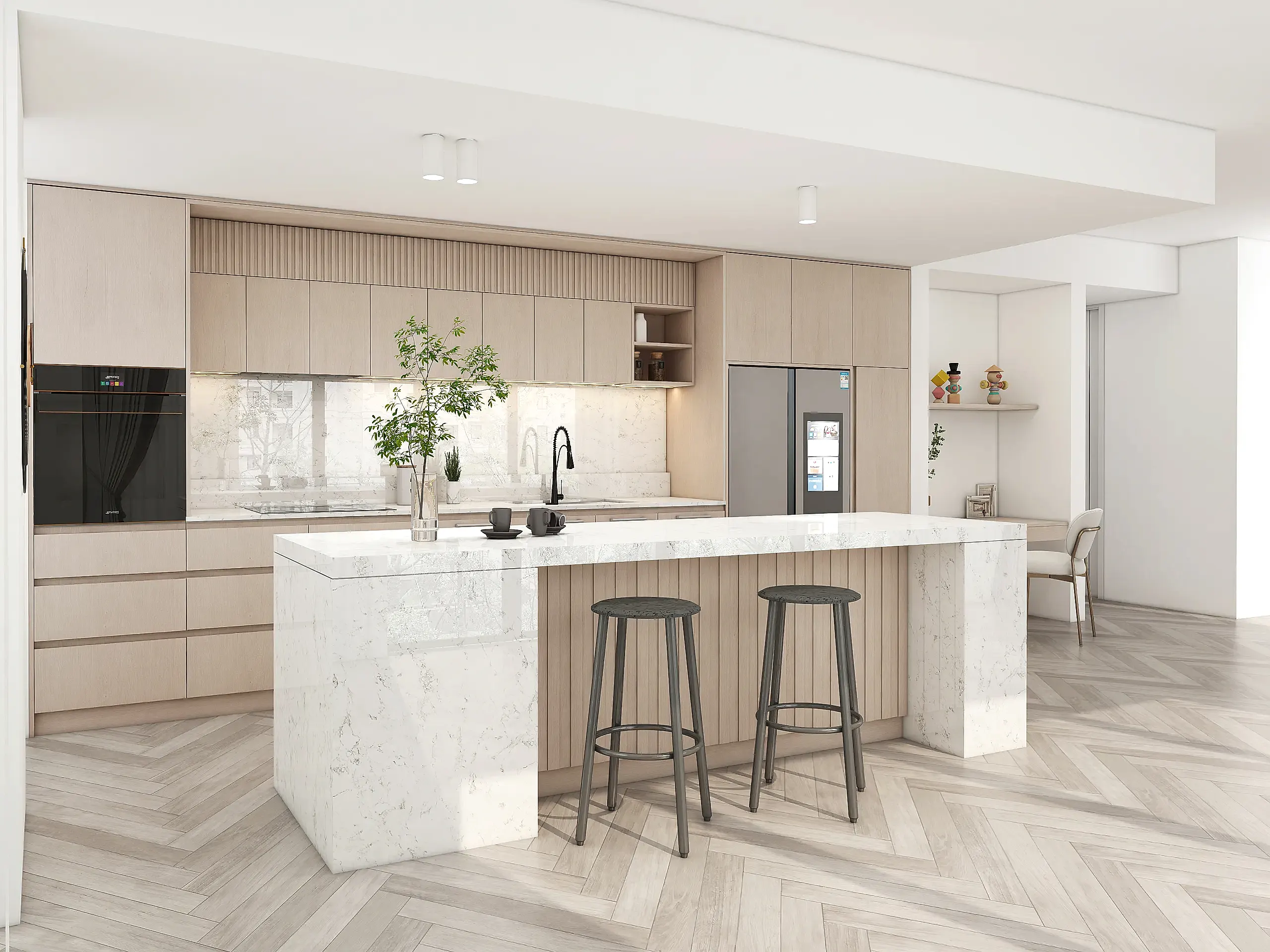 Laminate Kitchen Cabinets 14 A modern kitchen featuring wood grain kitchen cabinets, crafted from particle board with a melamine finish. The marble island complements the warm wood tones, offering a stylish and functional cooking space.