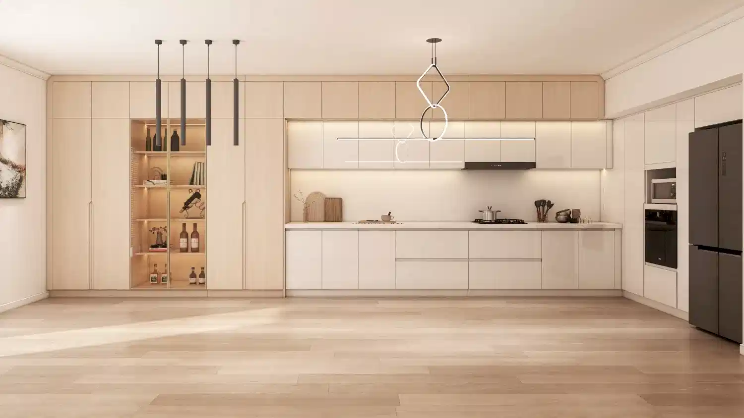 Modern Light Wood Kitchen Cabinets with White Touches 2 A sophisticated kitchen featuring modern light wood kitchen cabinets with melamine finishes and matte white lacquered accents. The spacious island and integrated dining table bring functionality and elegance to the design.