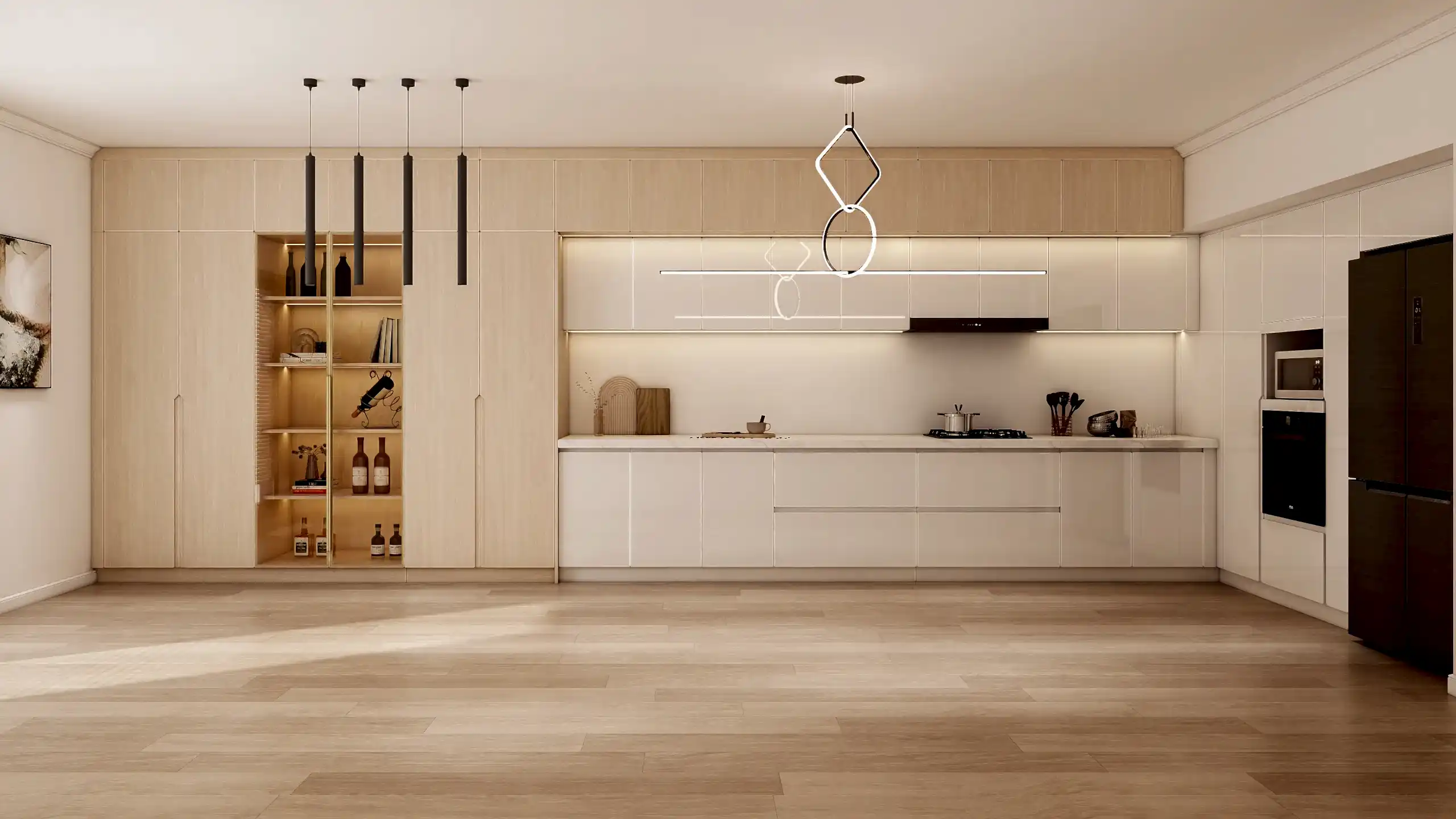 Lacquer Kitchen Cabinets 16 A sophisticated kitchen featuring modern light wood kitchen cabinets with melamine finishes and matte white lacquered accents. The spacious island and integrated dining table bring functionality and elegance to the design.