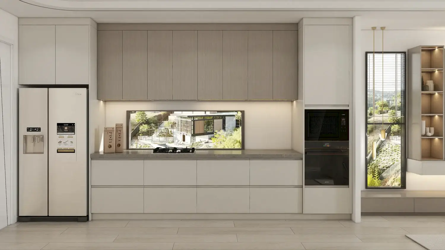 Luxury Modern Matt Kitchen Cabinets in Neutral Tones 4 A contemporary luxury modern kitchen cabinets with matt finish, featuring handleless MDF doors in soft beige, paired with woodgrain particle board for the island, offering elegance and functionality.