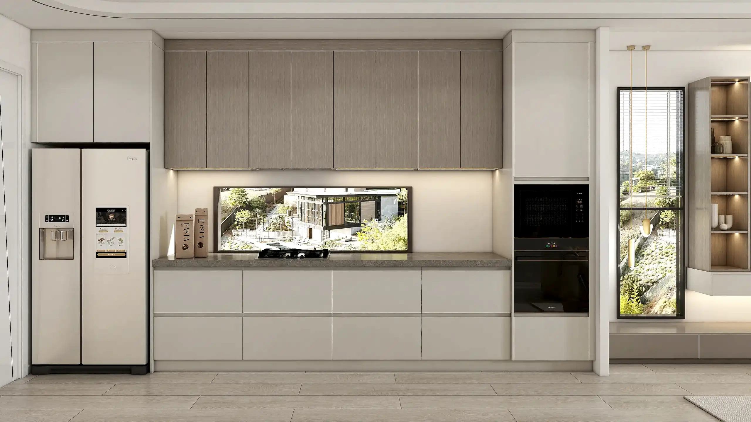 MDF Kitchen Cabinets 10 A contemporary luxury modern kitchen cabinets with matt finish, featuring handleless MDF doors in soft beige, paired with woodgrain particle board for the island, offering elegance and functionality.