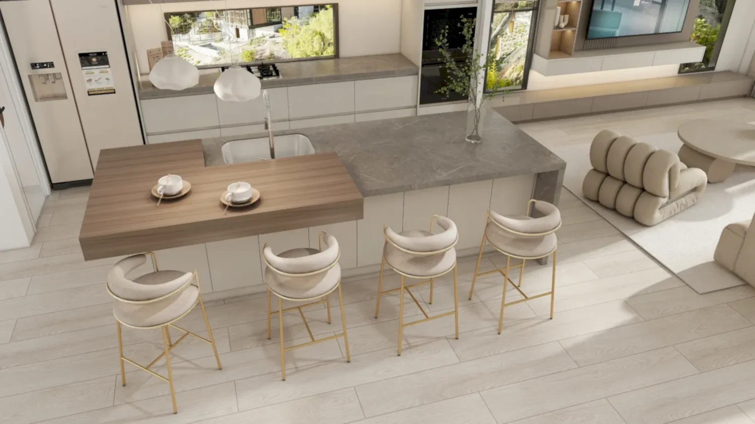 Kitchen Design 3 A contemporary luxury modern kitchen cabinets with matt finish, featuring handleless MDF doors in soft beige, paired with woodgrain particle board for the island, offering elegance and functionality.