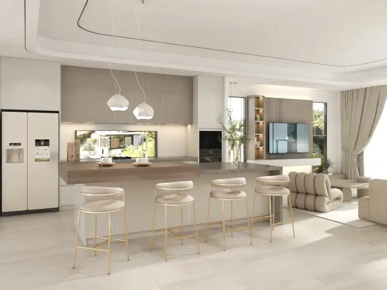 Indonesian Cabinet Manufacturer 31 A contemporary luxury modern kitchen cabinets with matt finish, featuring handleless MDF doors in soft beige, paired with woodgrain particle board for the island, offering elegance and functionality.