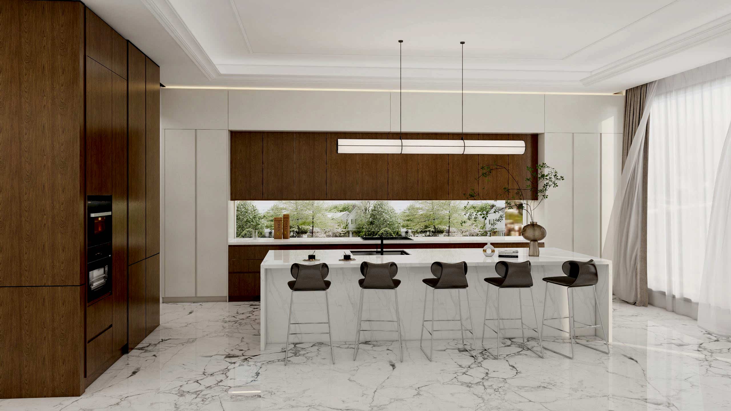 Wood Veneer Cabinets 10 Walnut-Finish-Cabinets-with-High-Gloss-Island-in-Modern-Kitchen