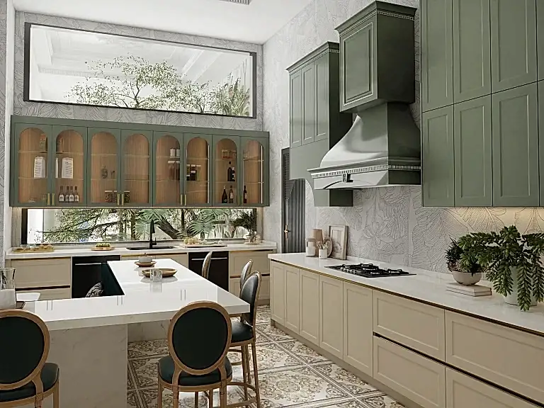 Custom Wholesale Cabinets 28 Elegant Green and Beige Kitchen by American Cabinet Refacing