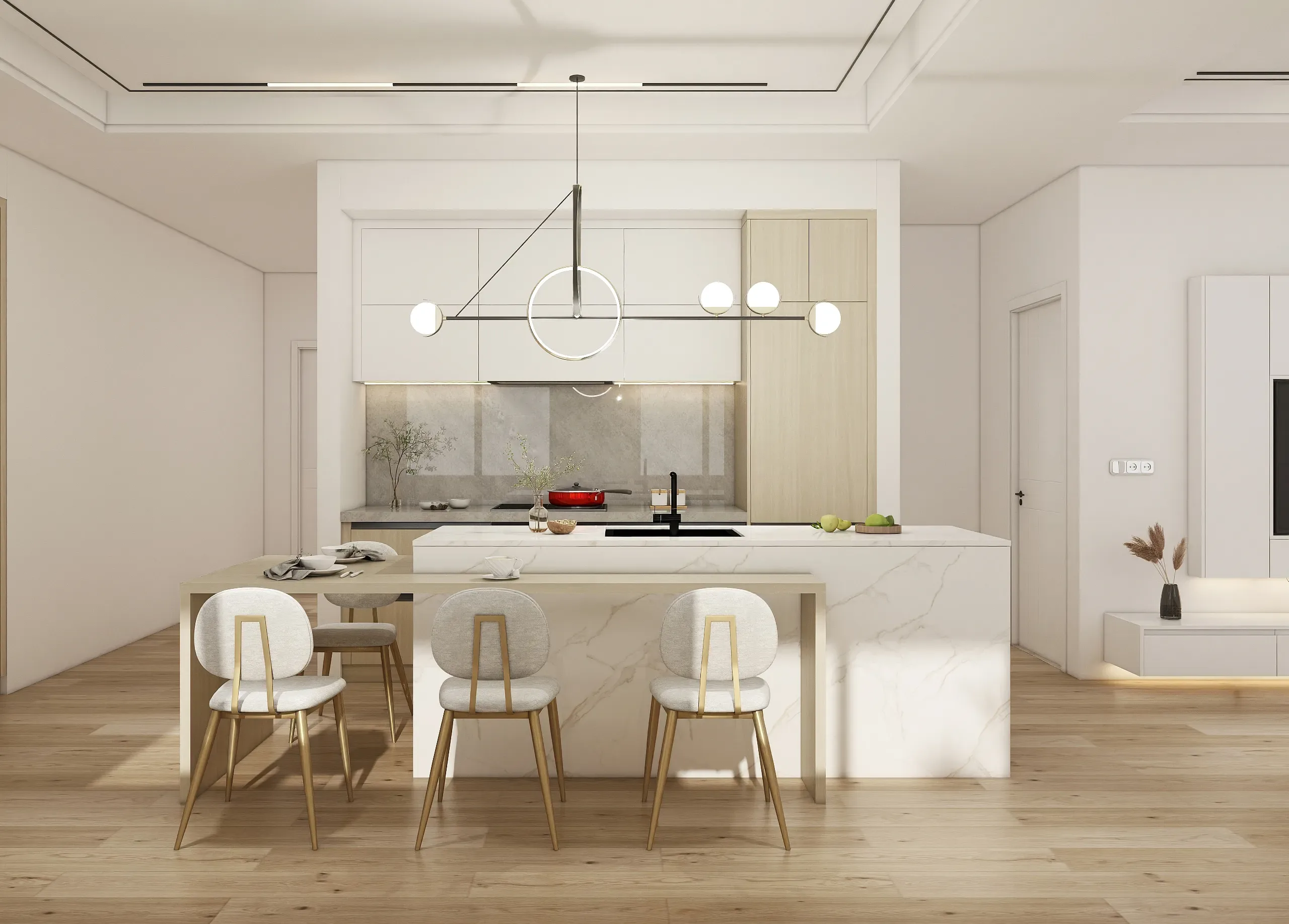 Melamine Kitchen Cabinets 14 Bright kitchen featuring light melamine cabinets and a multifunctional island