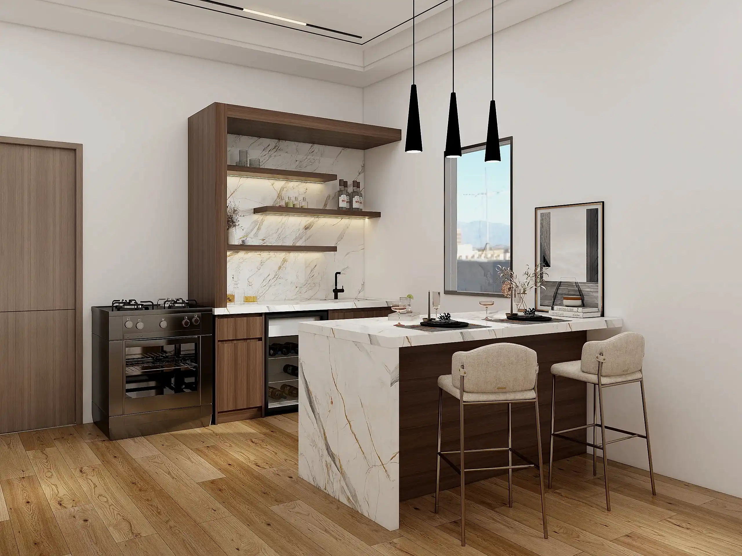 Melamine Kitchen Cabinets 16 Elegant small kitchen featuring dark melamine cabinetry and luxurious marble accents