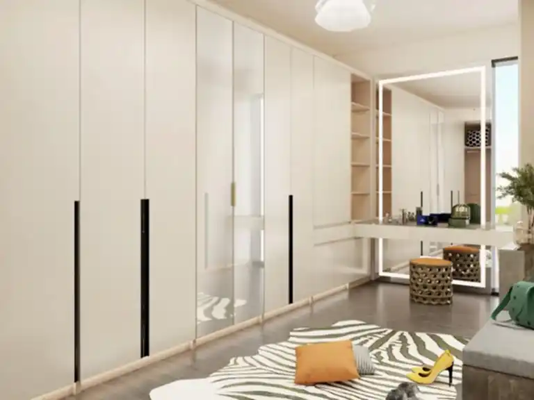 Indonesian Cabinet Manufacturer 34 Lemari Pakaian Kustom Minimalis dengan Finishing Melamine Putih Elegan