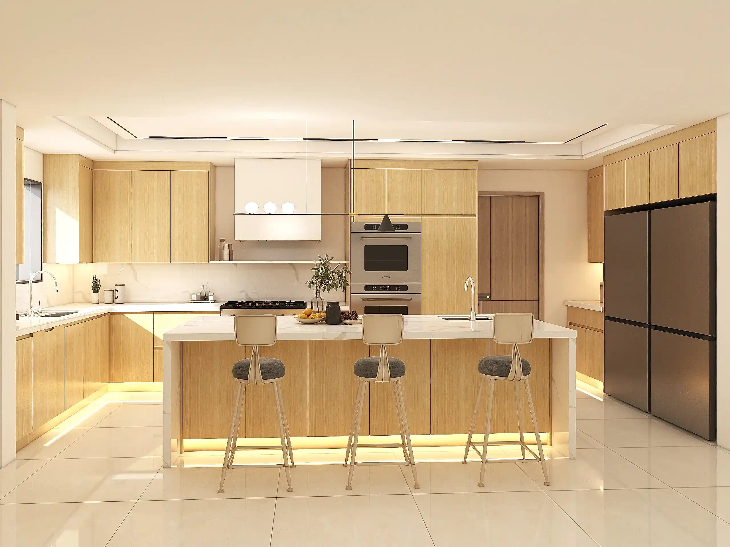 Wood Veneer Cabinets 12 Light wood veneer cabinets with sleek marble countertops under-cabinet lighting