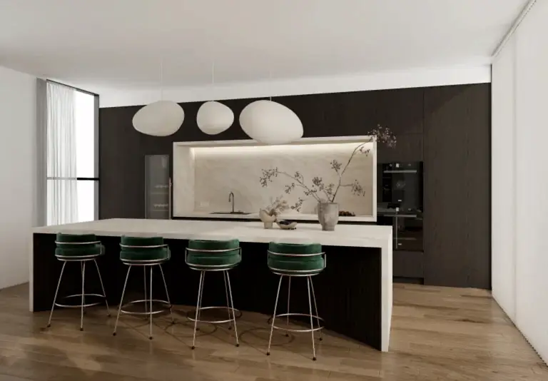 Custom Wholesale Cabinets 24 Dark wood veneer cabinets with clean lines and sleek design modernize the kitchen space