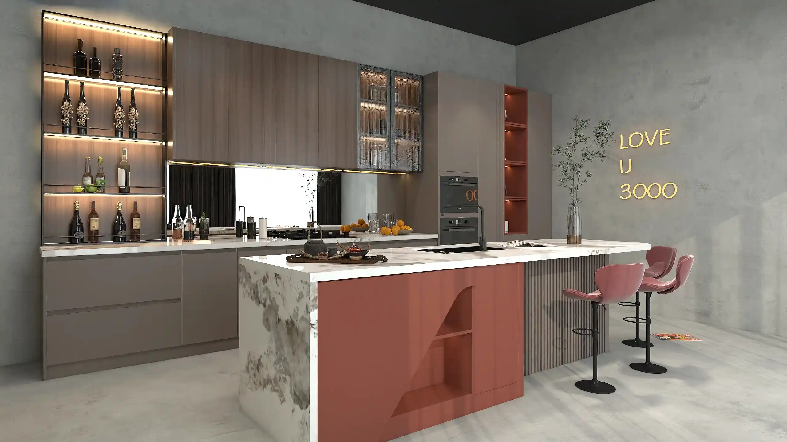 Lacquer Kitchen Cabinets 9 Warm Terracotta Lacquer Cabinets With Island And Open Shelves