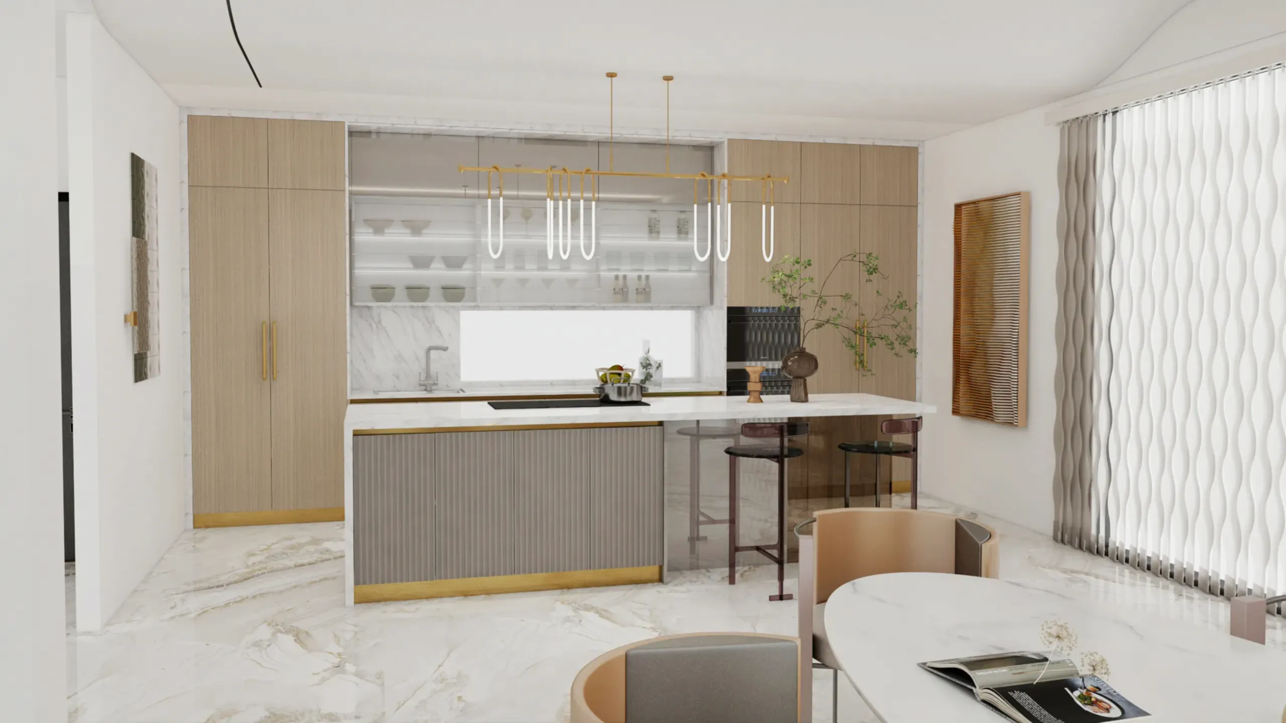 Wood Veneer Cabinets 13 Wood veneer and marble kitchen featuring modern glass shelves sleek lines and stylish lighting fixtures