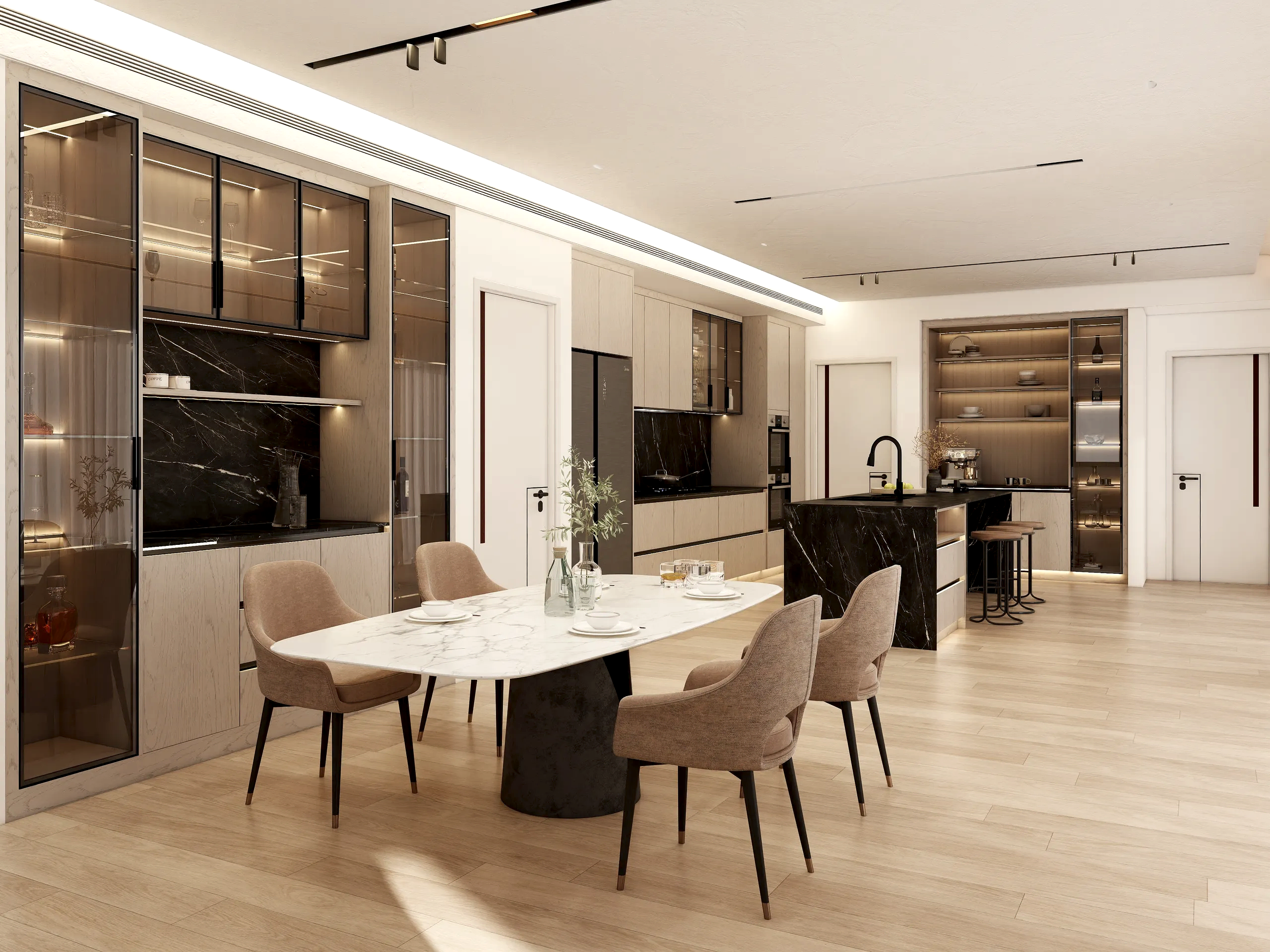 Wood Veneer Cabinets 11 Wood veneer cabinets with black marble accents and glass shelves