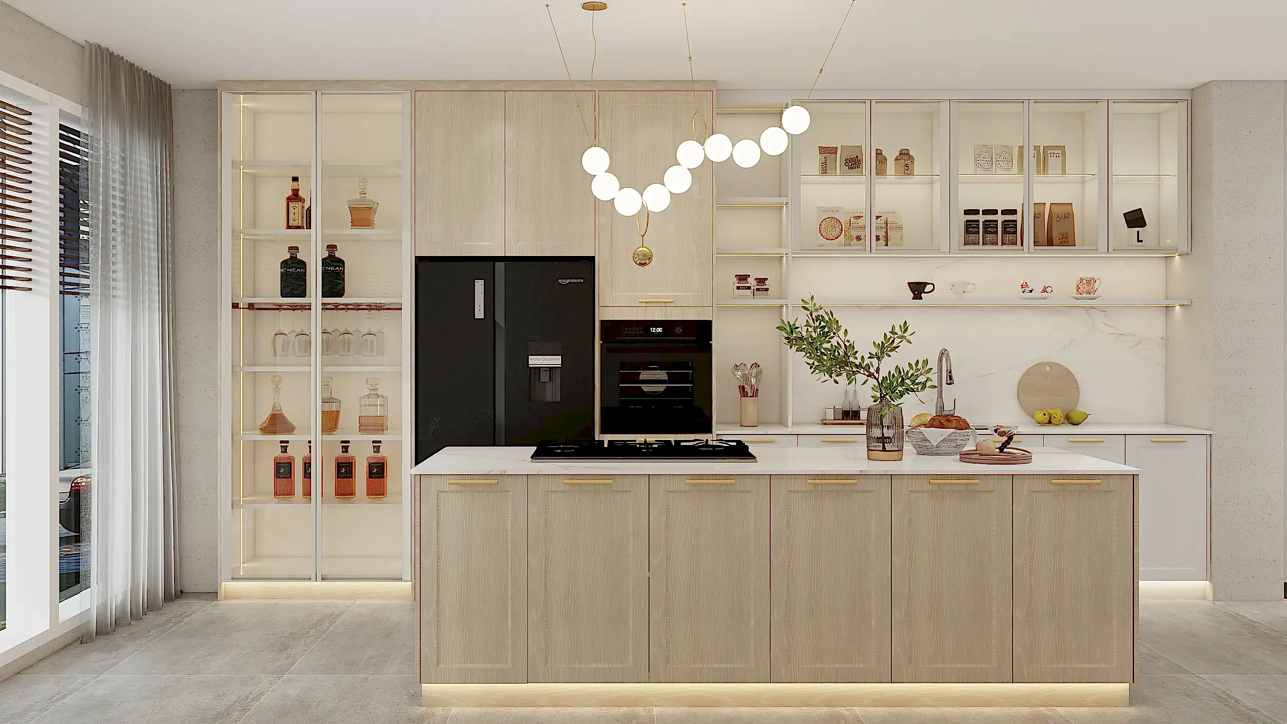 Wood Veneer Cabinets 14 Wood veneer kitchen cabinets with glass fronted shelves modern lighting, and a sleek marble countertop