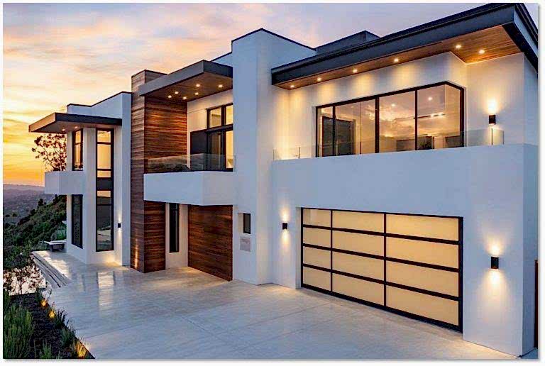 Modern home exterior with a sleek, durable garage door, featuring stylish black and white design, large windows, and contemporary architecture