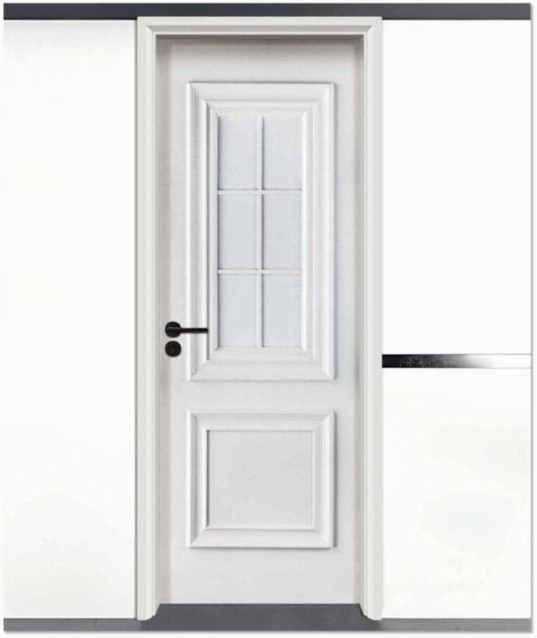 Elegant white lacquer decorative door with a classic six-panel glass window and intricate wood detailing, featuring a modern black handle, ideal for stylish interiors.