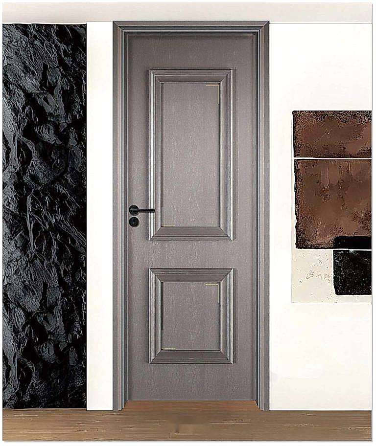 Gray laminated decorative door with intricate panel design, black hardware, and a textured finish, enhancing modern and sophisticated interiors.