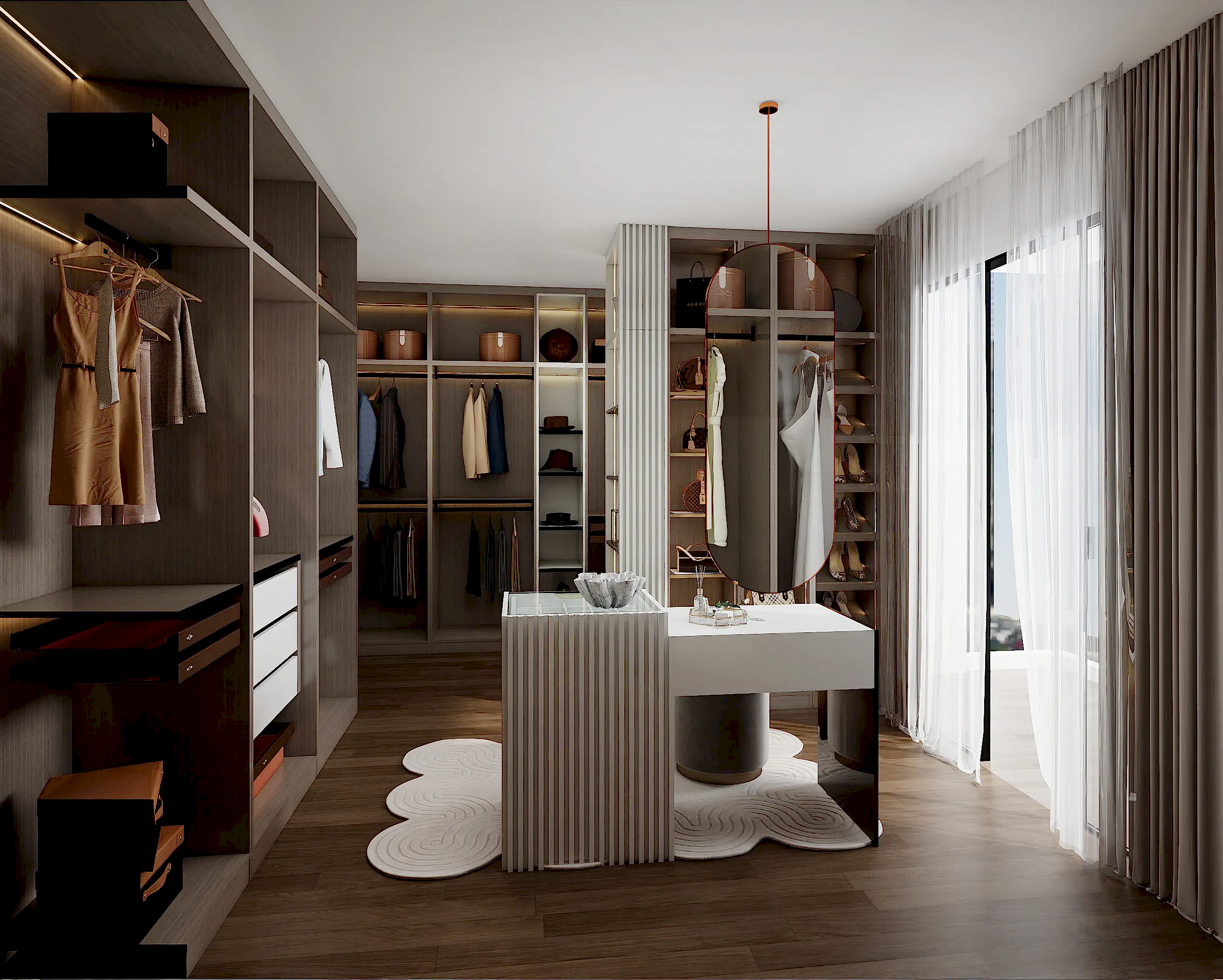 Walk In Closet 13 Elegant walk in closet with island storage and modern hanging mirror design