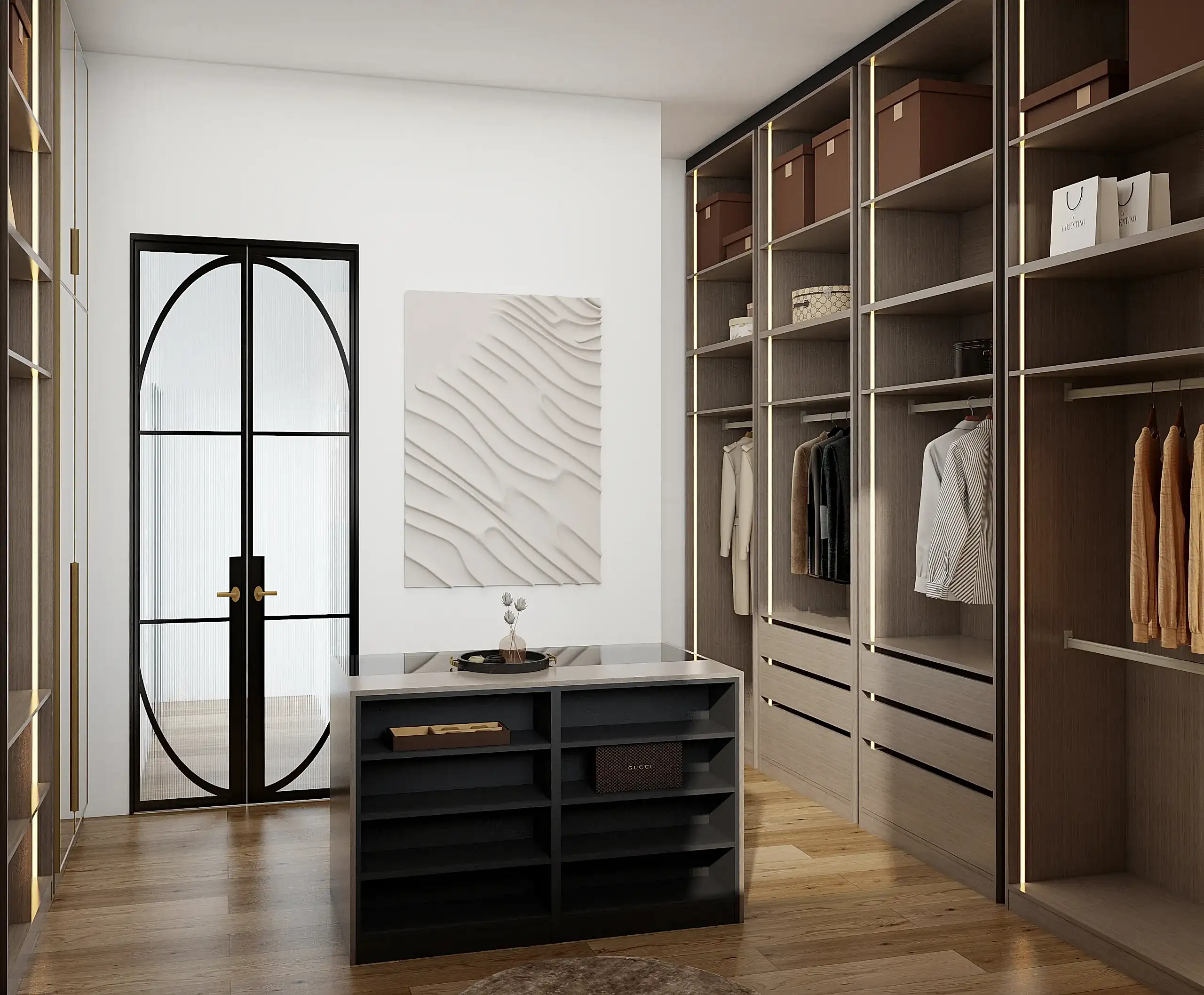 Walk In Closet 12 Modern walk in closet with island storage and elegant shelving design