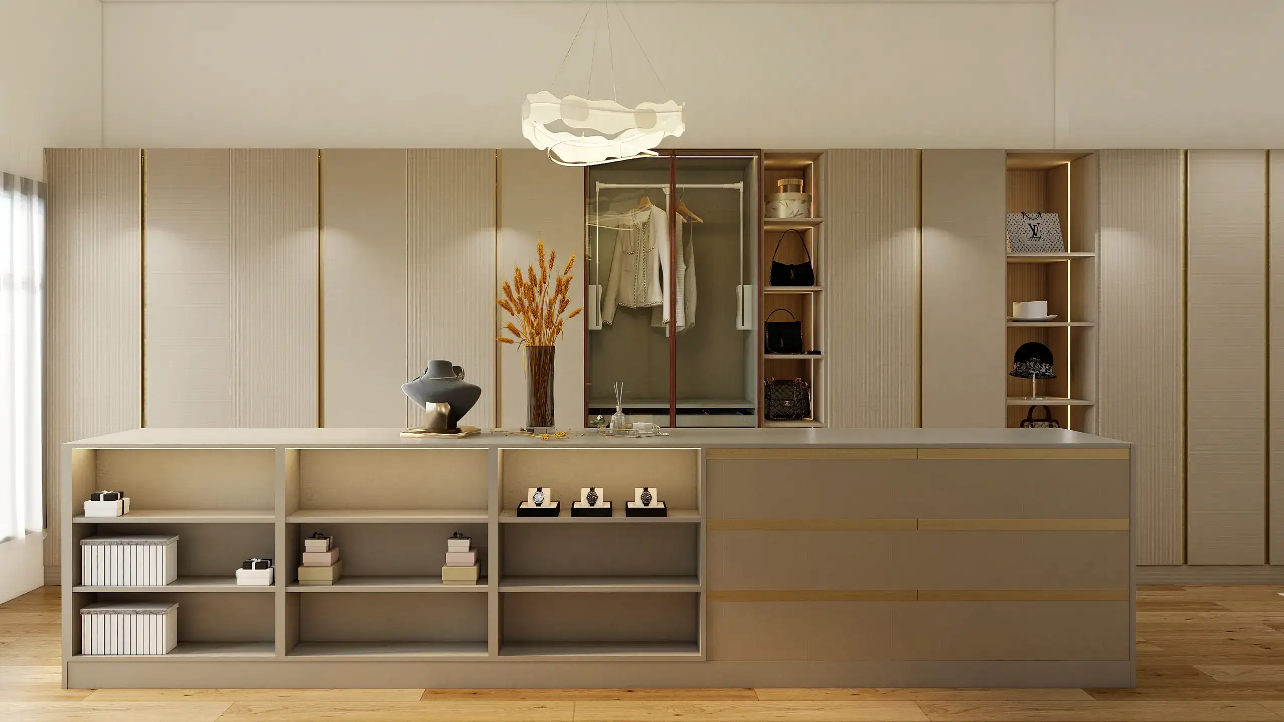 Walk In Closet 15 Modern walk in closet with island storage and elegant shelving for accessories