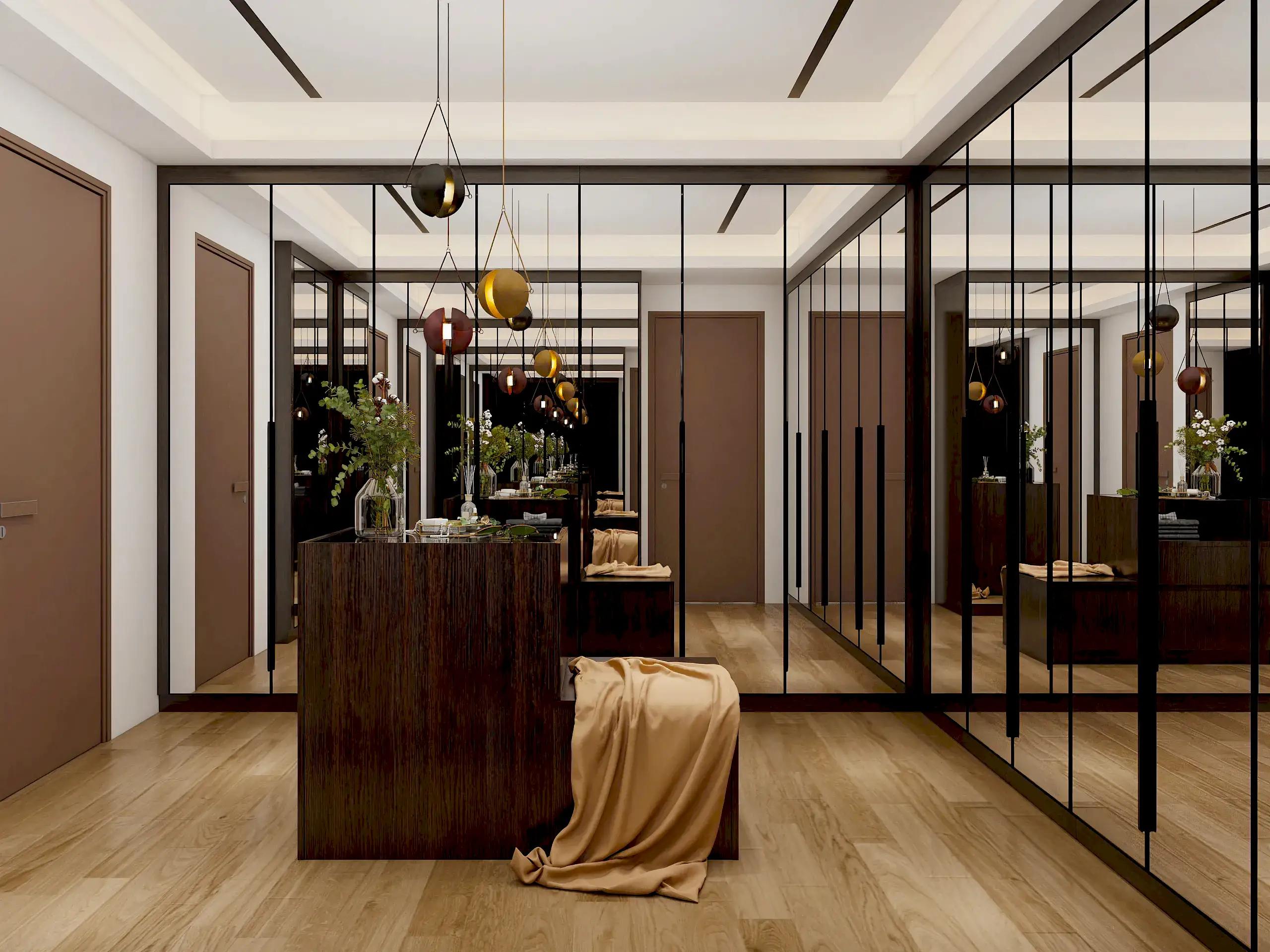 Walk In Closet 17 Modern walk in closet with mirrored cabinets and stylish island storage