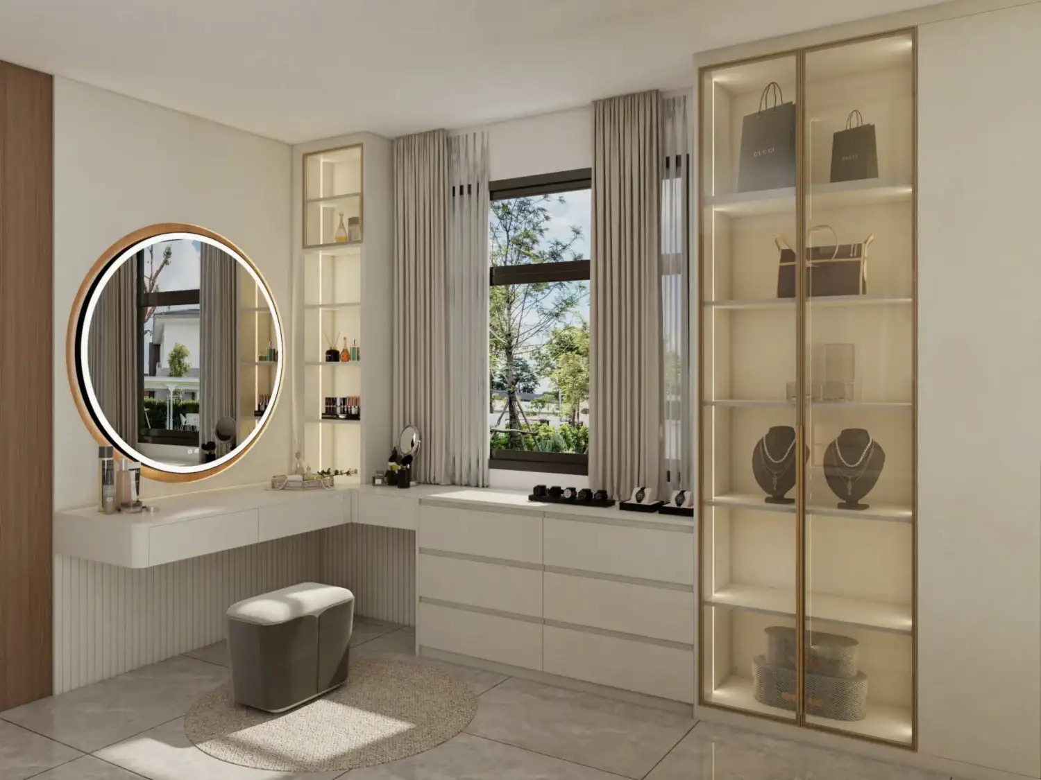 Bedroom Wardrobe 19 Modern walk in closet with round mirror sleek shelving and elegant display for accessories