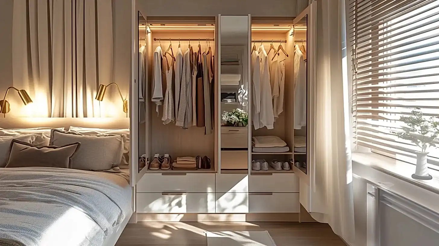 Hinge Wardrobe 10 opening hinged wardrobe doors with a bed beside