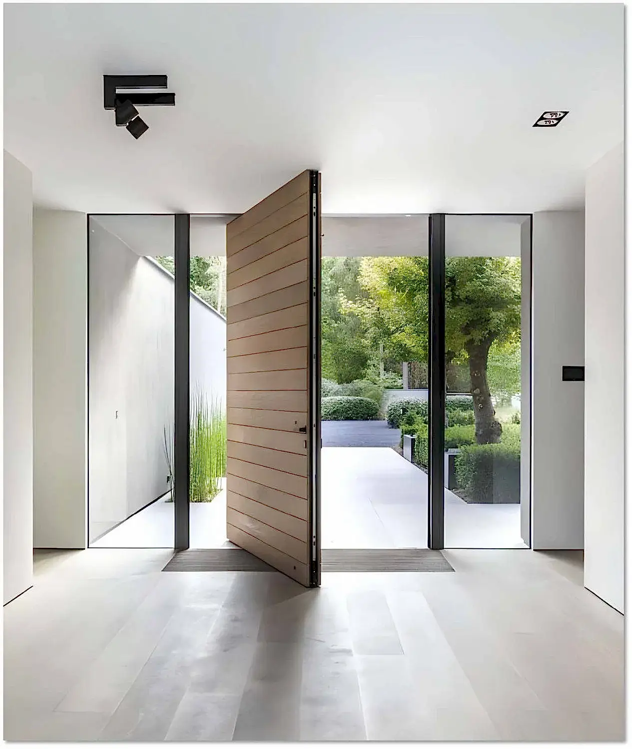 Interior Door 4 Luxury modern pivot entry door with a sleek wooden finish, surrounded by floor-to-ceiling glass panels, offering an elegant and contemporary aesthetic.
