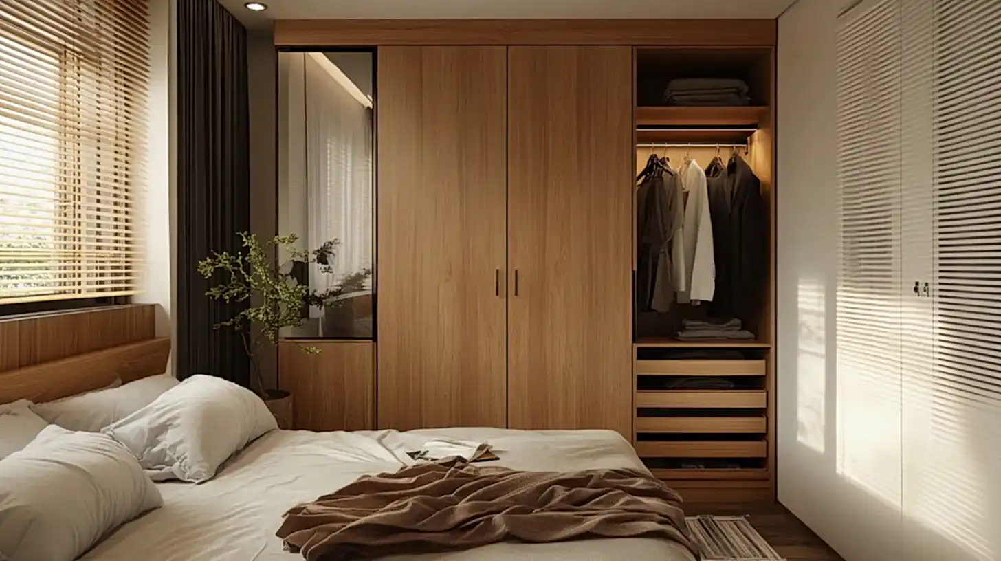 Hinge Wardrobe 12 Tiny bedroom with open hinge wardrobe