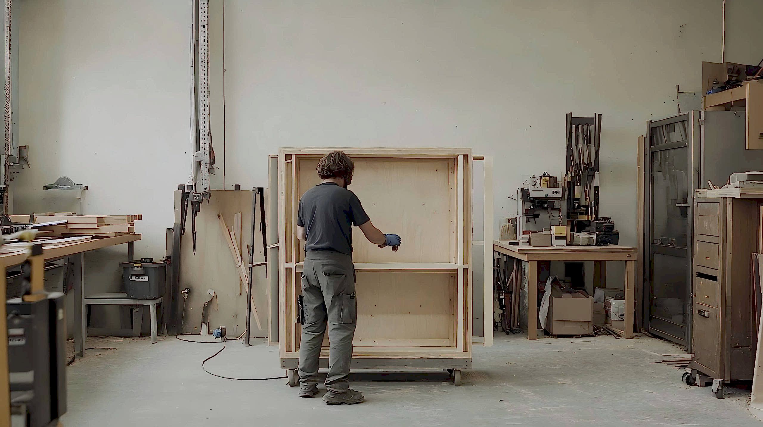 Plywood Kitchen Cabinets 19 Carpenter building plywood cabinet frame in workshop.