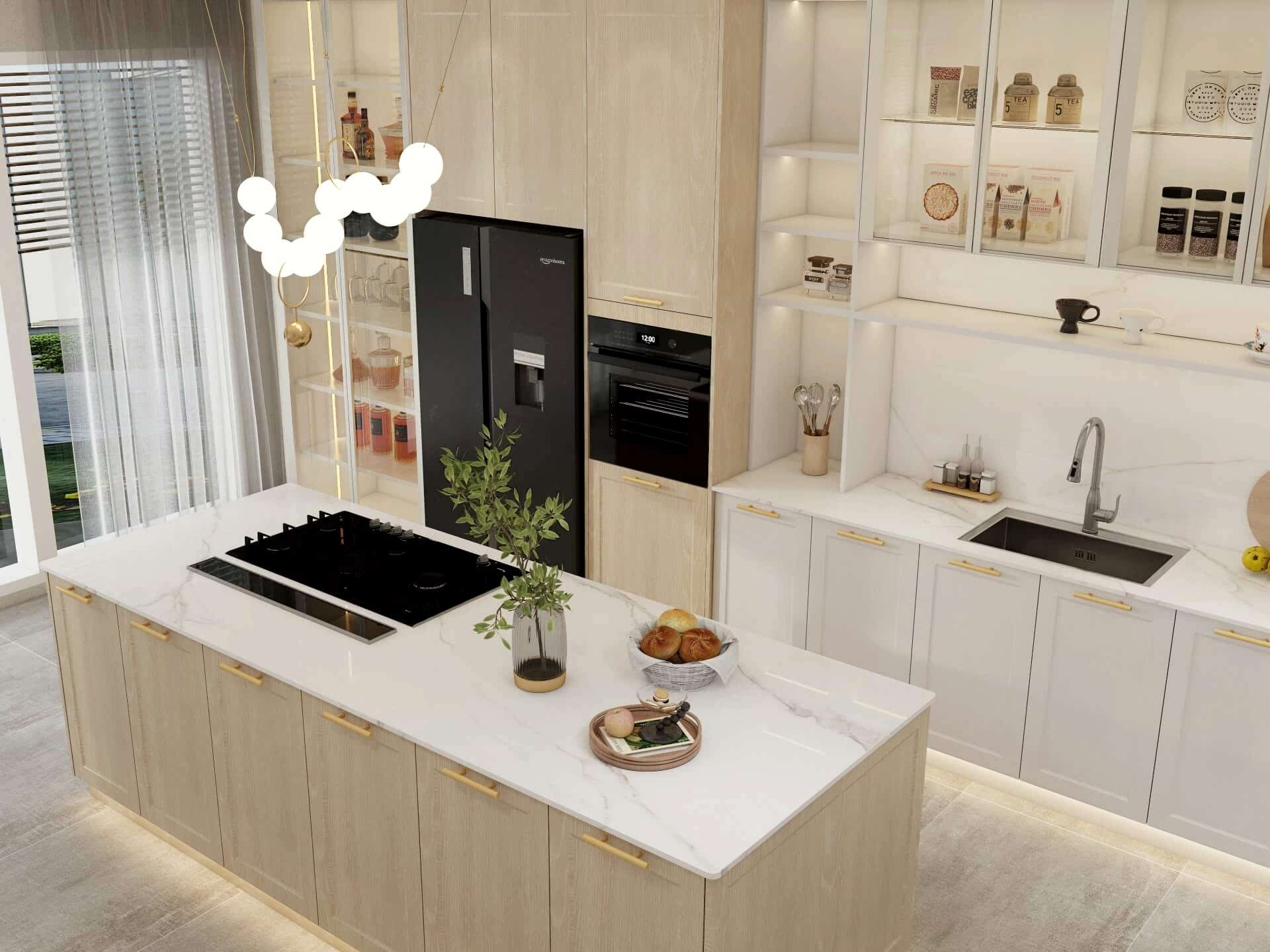 Plywood Kitchen Cabinets 11 Light plywood kitchen cabinets with marble countertops and island featuring black appliances.