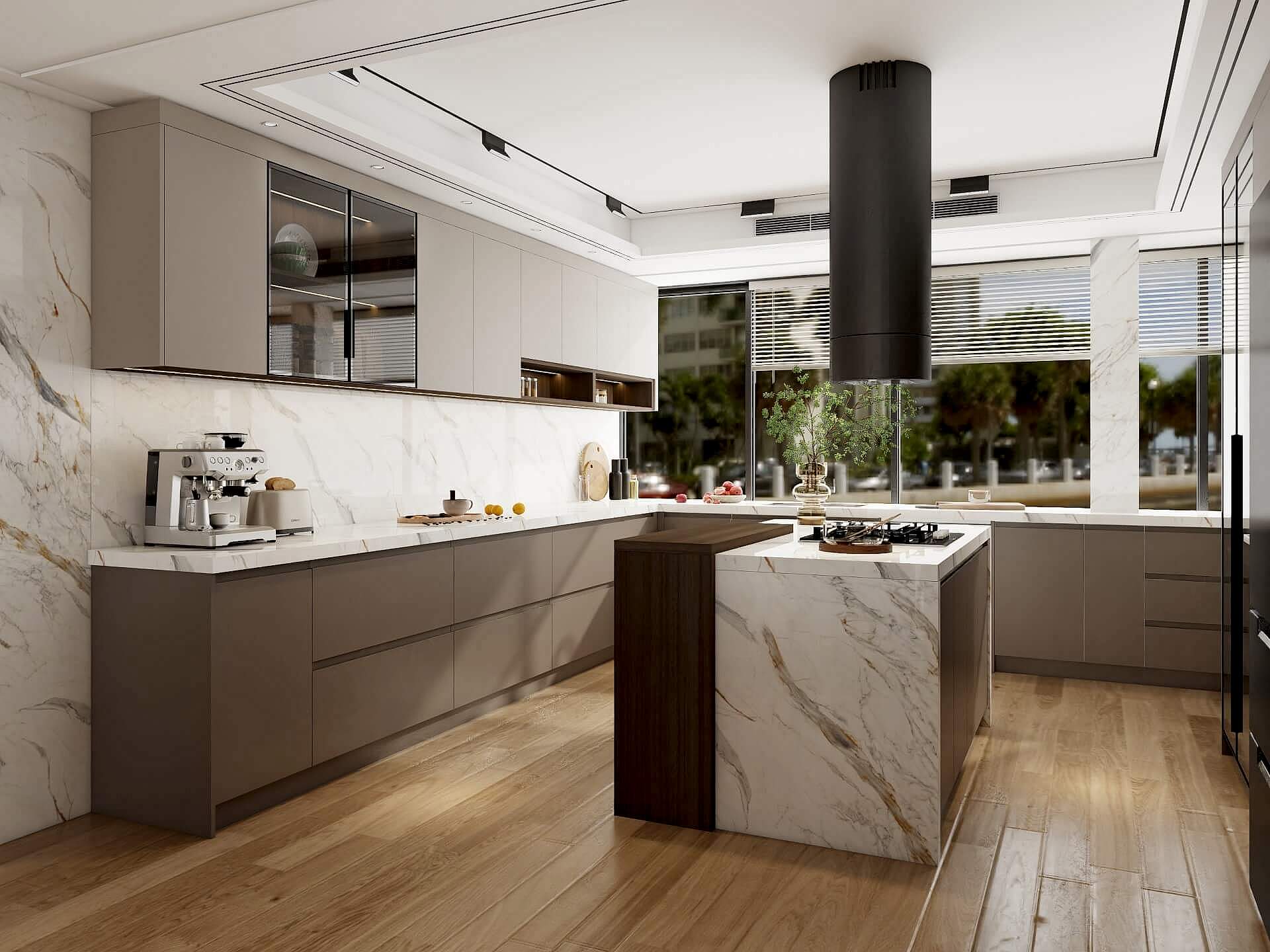 Plywood Kitchen Cabinets 16 Custom plywood kitchen cupboards with taupe finish, marble island and cylindrical black range hood.