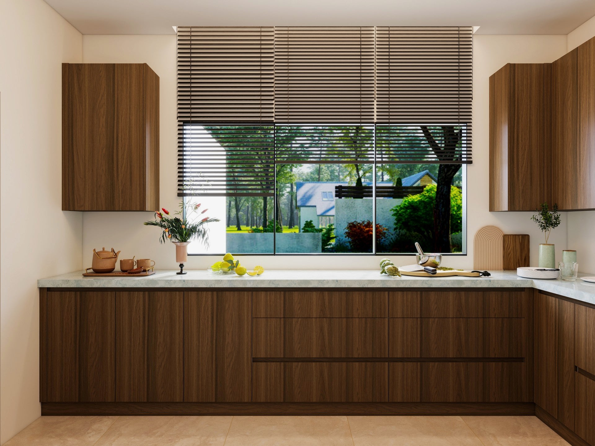 Plywood Kitchen Cabinets 14 Plywood kitchen cabinets with rich walnut finish, stone countertops and picture window with venetian blinds.