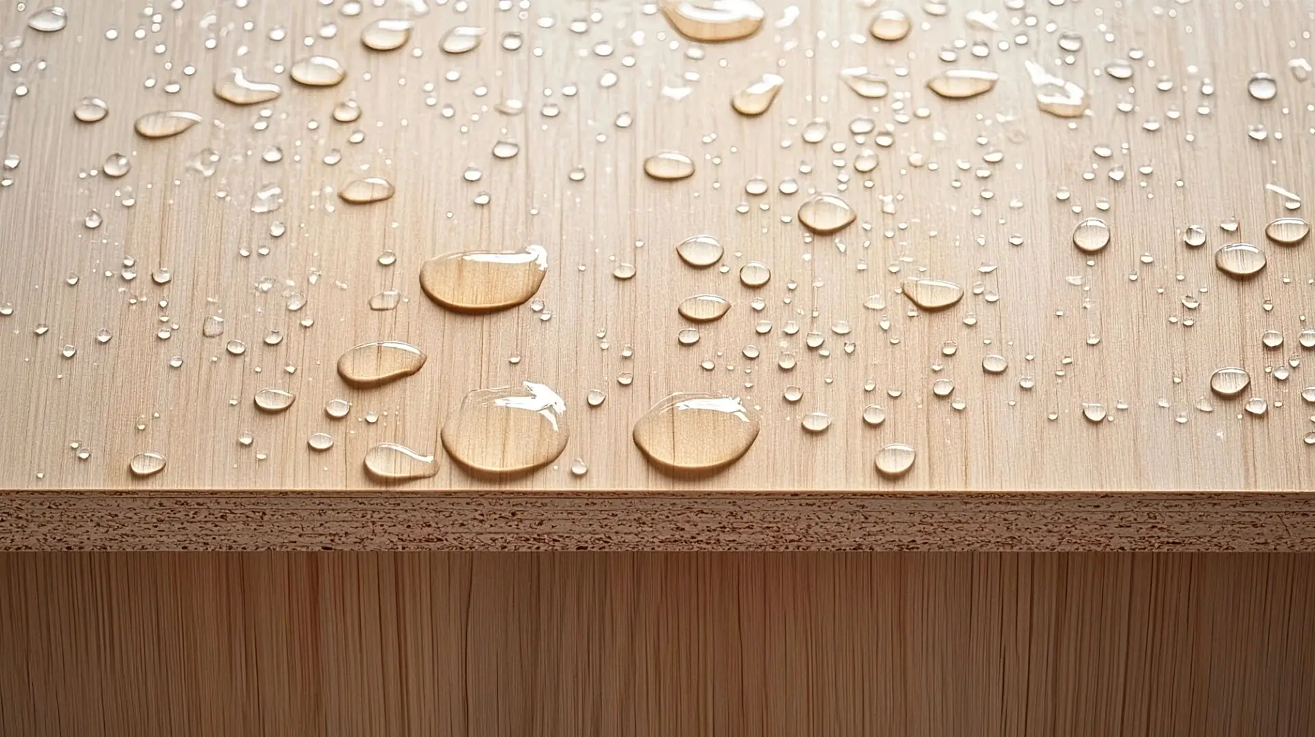 Plywood Kitchen Cabinets 20 Water droplets beading on plywood surface showing moisture resistance.