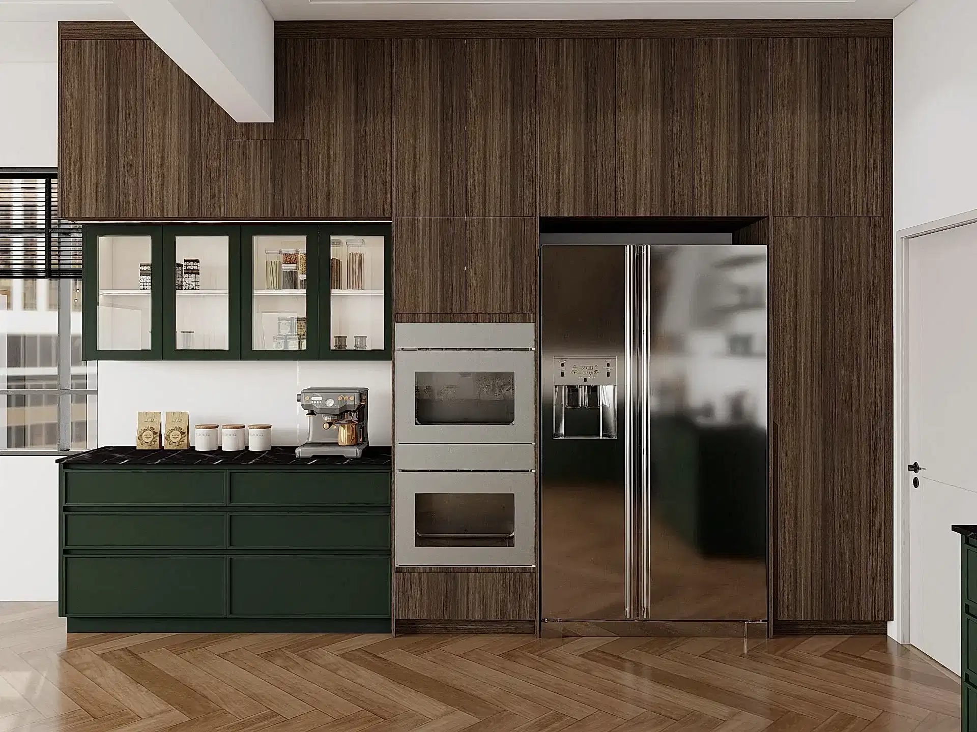 Plywood Kitchen Cabinets 13 Custom plywood kitchen cabinets with dark wood finish, green lower units and built-in stainless appliances.